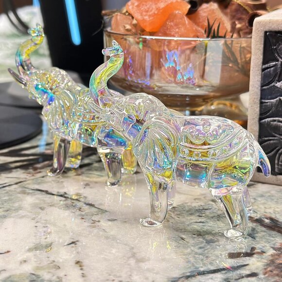 Iridescent Glass Elephants Facing Each Other with Rainbow Hues, Clear - Picture 4 of 5